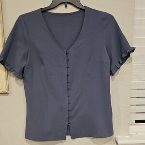 Blue Gray Blouse Button Down With Ruffle Sleeves Womens Size Small